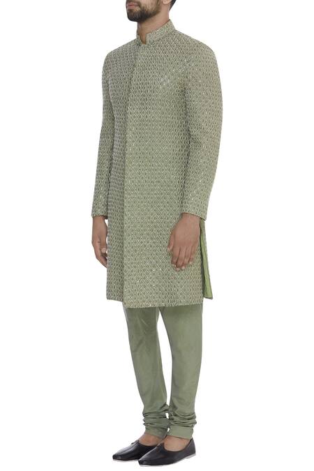 Sva By Sonam & Paras Modi_Green Raw Silk Embroidered Resham Booti Sherwani Set_Online_at_Aza_Fashions