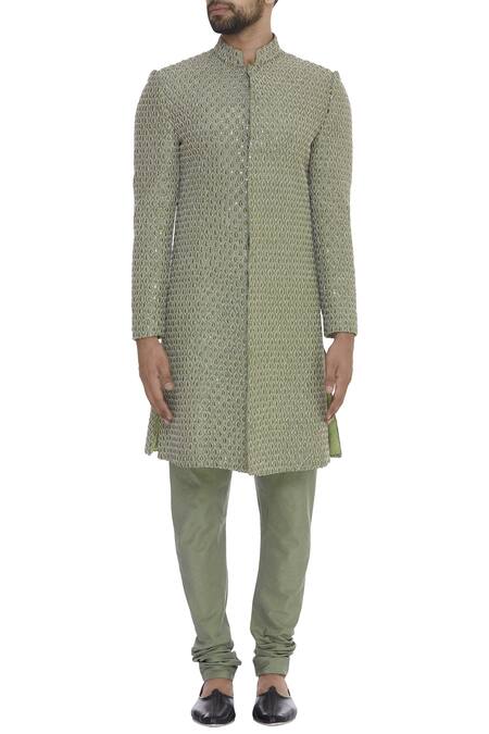 Buy_Sva By Sonam & Paras Modi_Green Raw Silk Embroidered Resham Booti Sherwani Set_Online_at_Aza_Fashions