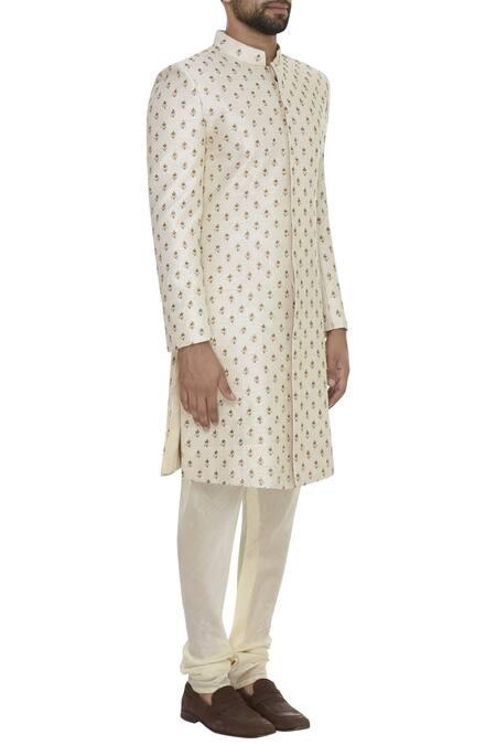 Sva By Sonam & Paras Modi_Off White Raw Silk Embroidered Resham Sherwani Set_Online_at_Aza_Fashions