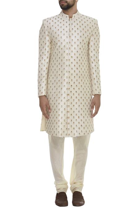 Buy_Sva By Sonam & Paras Modi_Off White Raw Silk Embroidered Resham Sherwani Set_Online_at_Aza_Fashions