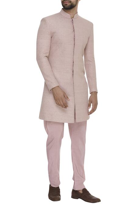 Sva By Sonam & Paras Modi Pink Raw Silk Embroidered Sequin Embellished Sherwani And Pleated Pants