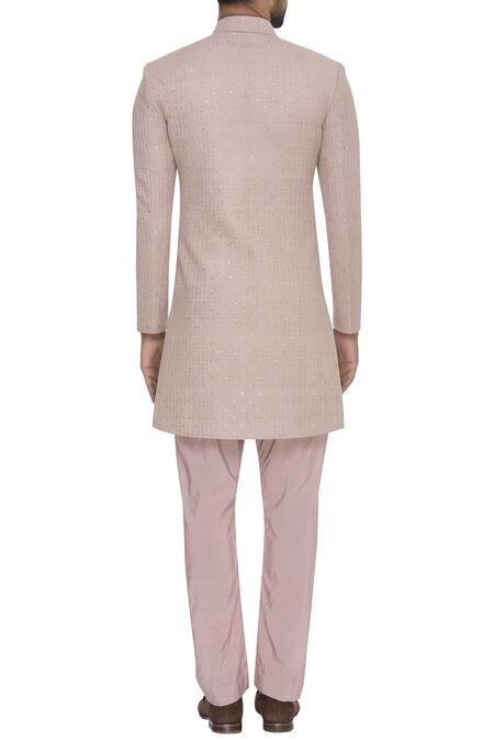 Shop Sva By Sonam & Paras Modi Pink Raw Silk Embroidered Sequin Embellished Sherwani And Pleated Pants at Aza Fashions Shop_Sva By Sonam & Paras Modi_Pink Raw Silk Embroidered Sequin Embellished Sherwani And Pleated Pants _at_Aza_Fashions