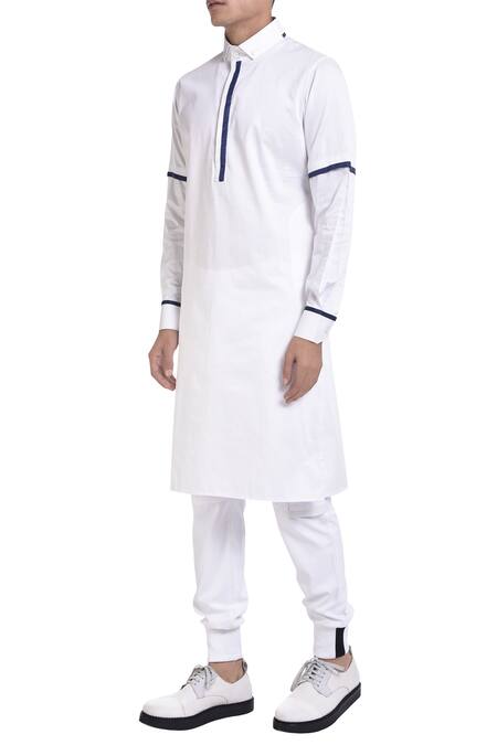 NoughtOne White Long Sleeve Kurta With Blue Detailing   3