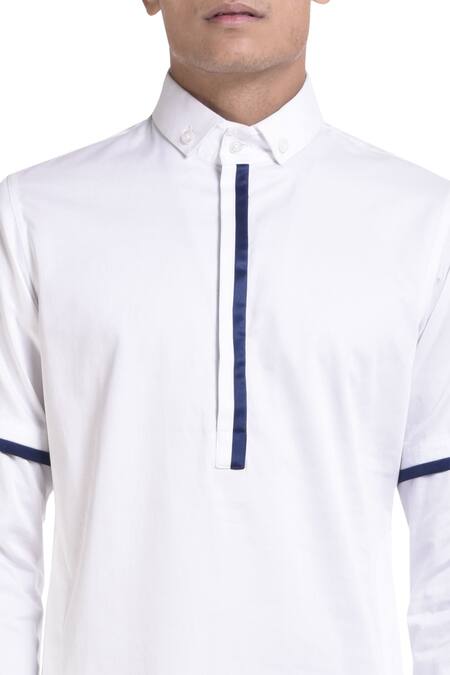 NoughtOne White Long Sleeve Kurta With Blue Detailing   4