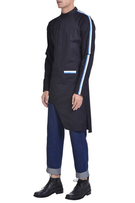 Noughtone_Black Stripe Panel Asymmetric Kurta _Online_at_Aza_Fashions