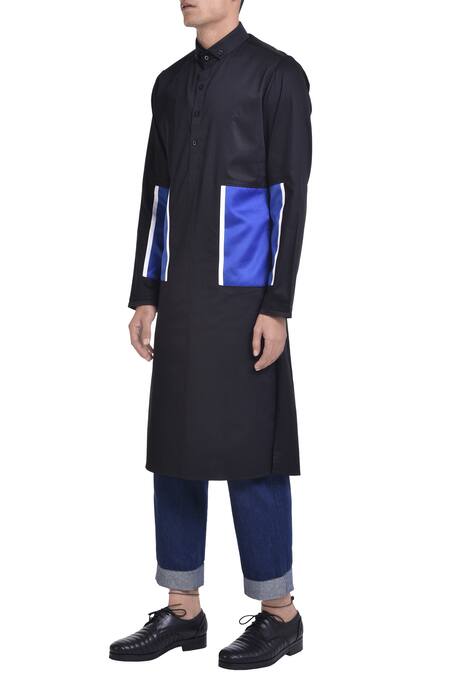Noughtone_Black Color-block Cotton Kurta _Online_at_Aza_Fashions