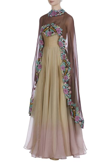 Buy_Incheetape_Beige Gown With Embroidered Cape _Online_at_Aza_Fashions