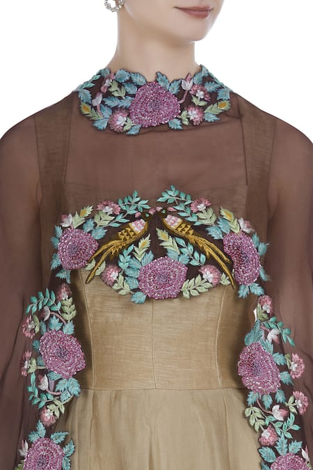 Incheetape_Beige Gown With Embroidered Cape _at_Aza_Fashions