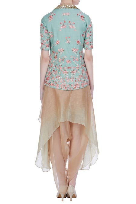 Incheetape Embroidered collar jacket with draped skirt 
