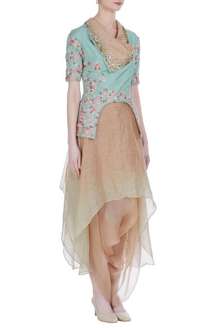 Incheetape_Blue Silk Linen Embroidered Thread And Sequinwork Overlap Jacket With Draped Skirt _Online_at_Aza_Fashions