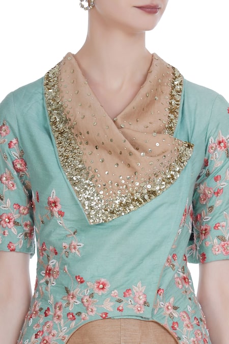 Incheetape_Blue Silk Linen Embroidered Thread And Sequinwork Overlap Jacket With Draped Skirt _at_Aza_Fashions