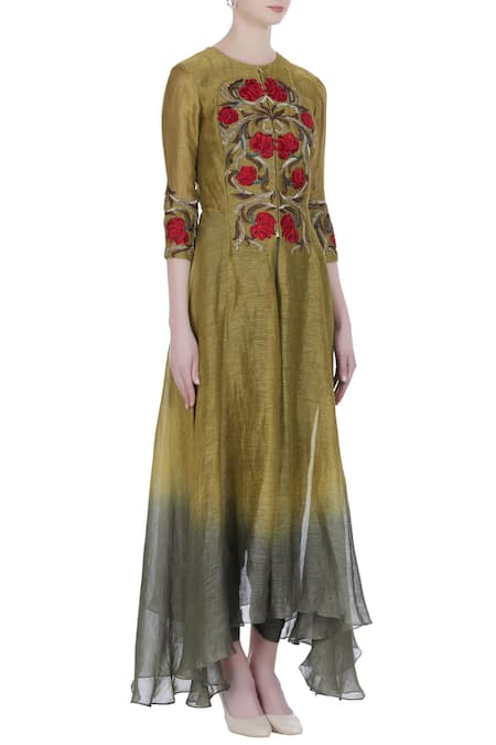 Incheetape_Grey Silk Linen Embroidered Thread And Zari Work Round Neck Kurta With Dhoti Pants _Online_at_Aza_Fashions