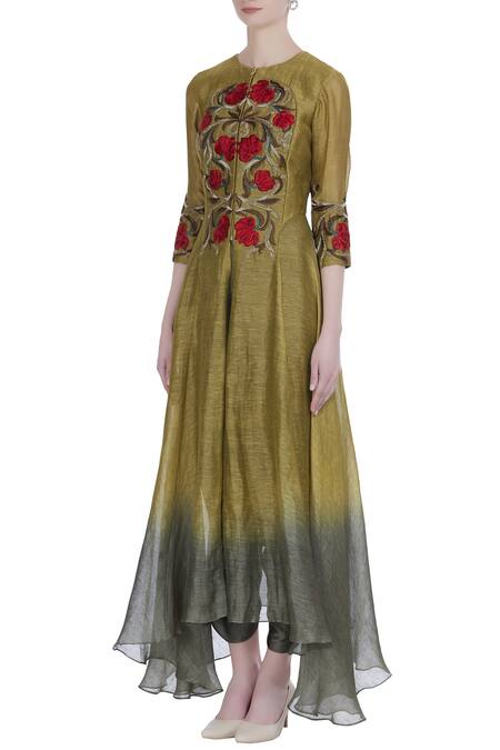 Buy_Incheetape_Grey Silk Linen Embroidered Thread And Zari Work Round Neck Kurta With Dhoti Pants _Online_at_Aza_Fashions