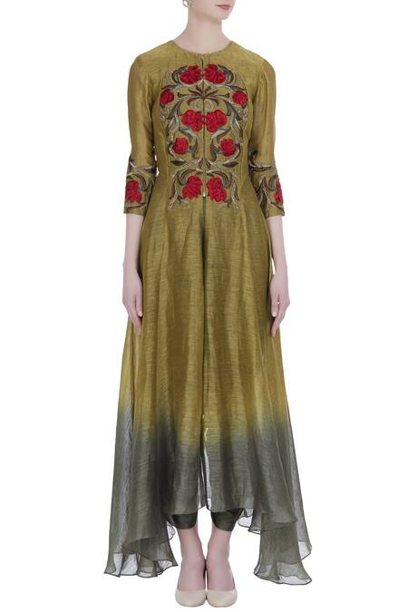 Shop_Incheetape_Grey Silk Linen Embroidered Thread And Zari Work Round Neck Kurta With Dhoti Pants _Online_at_Aza_Fashions