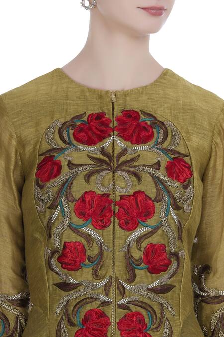 Incheetape_Grey Silk Linen Embroidered Thread And Zari Work Round Neck Kurta With Dhoti Pants _at_Aza_Fashions