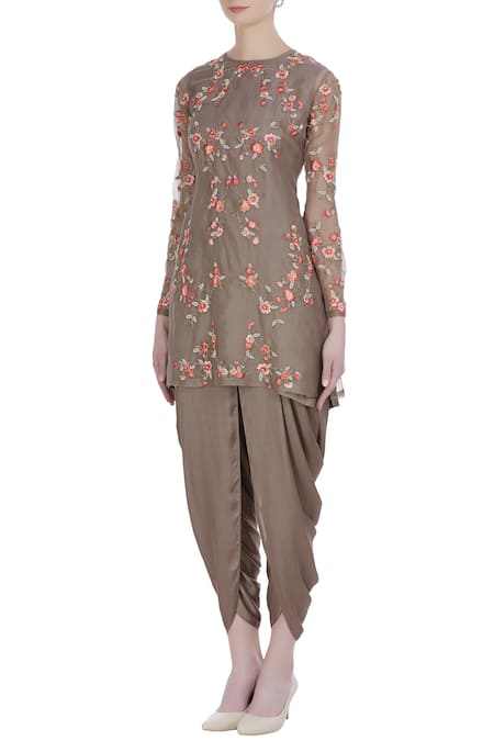 Buy_Incheetape_Brown Organza Embroidered Thread And Zari Work Round Neck Top With Dhoti Pants _Online_at_Aza_Fashions