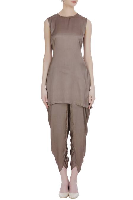 Shop_Incheetape_Brown Organza Embroidered Thread And Zari Work Round Neck Top With Dhoti Pants _Online_at_Aza_Fashions