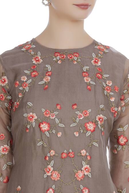 Incheetape_Brown Organza Embroidered Thread And Zari Work Round Neck Top With Dhoti Pants _at_Aza_Fashions
