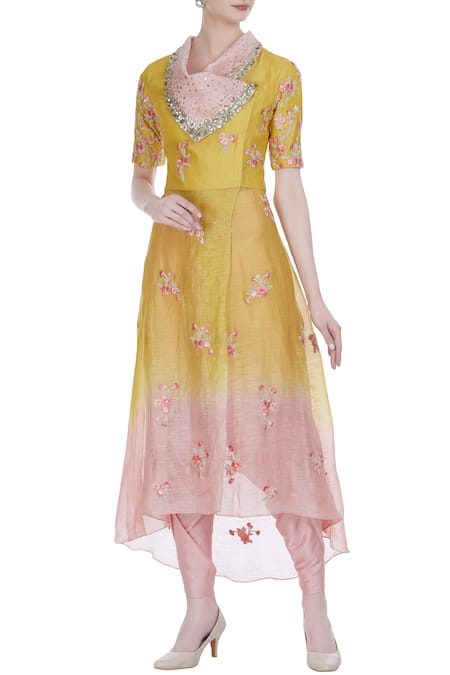 Incheetape Yellow Silk Linen Embroidered Floral Applique Overlap Collar Kurta Set 