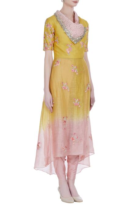 Incheetape_Yellow Silk Linen Embroidered Floral Applique Overlap Collar Kurta Set _Online_at_Aza_Fashions