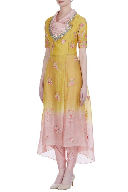 Buy_Incheetape_Yellow Silk Linen Embroidered Floral Applique Overlap Collar Kurta Set _Online_at_Aza_Fashions