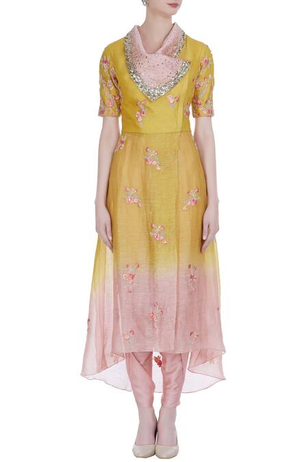 Shop_Incheetape_Yellow Silk Linen Embroidered Floral Applique Overlap Collar Kurta Set _Online_at_Aza_Fashions