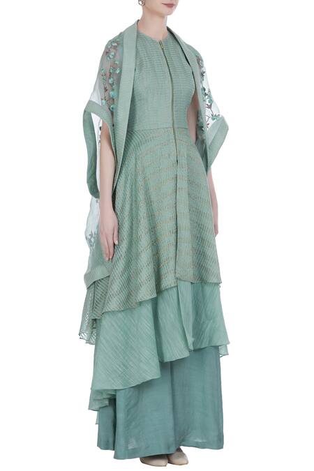 Incheetape_Green Cotton Embroidered Floral Layered Kurta With Cape And Flared Pants _Online_at_Aza_Fashions