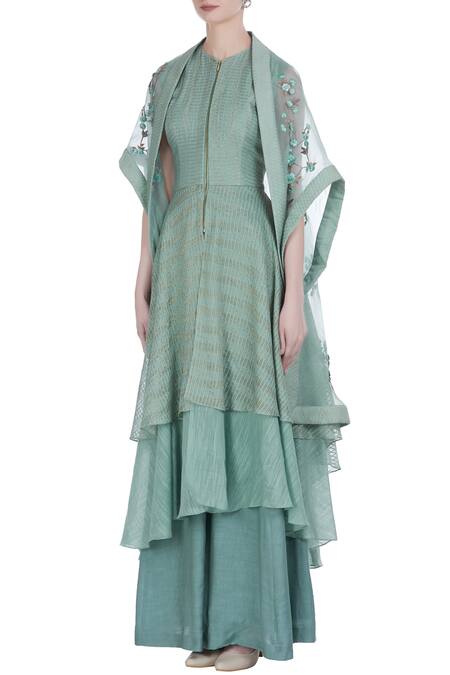 Buy_Incheetape_Green Cotton Embroidered Floral Layered Kurta With Cape And Flared Pants _Online_at_Aza_Fashions