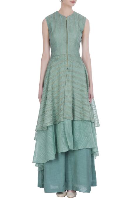 Shop_Incheetape_Green Cotton Embroidered Floral Layered Kurta With Cape And Flared Pants _Online_at_Aza_Fashions