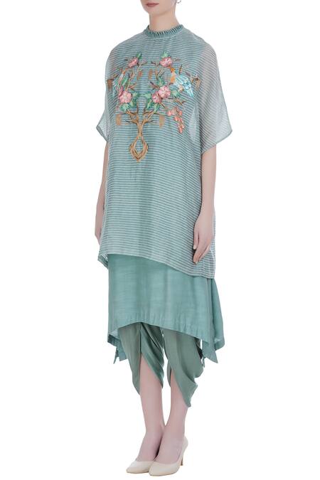 Buy_Incheetape_Green Chanderi Embroidered Floral Applique Hand Cape With Kurta Dhoti Pants _Online_at_Aza_Fashions