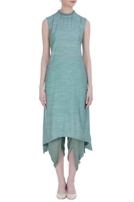 Shop_Incheetape_Green Chanderi Embroidered Floral Applique Hand Cape With Kurta Dhoti Pants _Online_at_Aza_Fashions