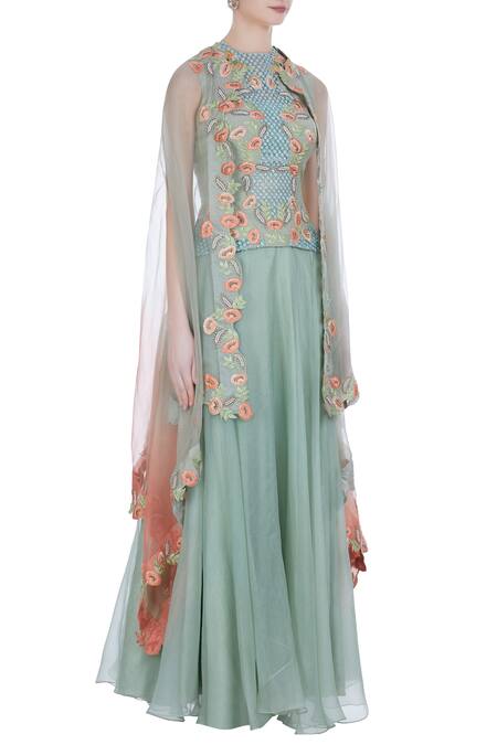 Incheetape_Blue Cotton Slub Embroidered Border Detailed Cape With Corset And Flared Skirt _Online_at_Aza_Fashions