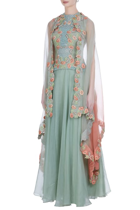 Buy_Incheetape_Blue Cotton Slub Embroidered Border Detailed Cape With Corset And Flared Skirt _Online_at_Aza_Fashions