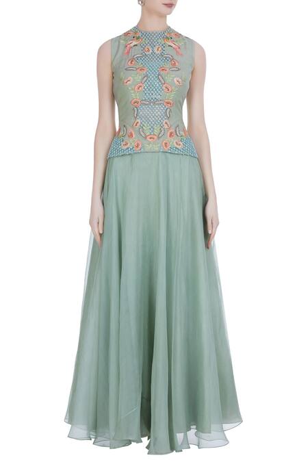 Shop_Incheetape_Blue Cotton Slub Embroidered Border Detailed Cape With Corset And Flared Skirt _Online_at_Aza_Fashions