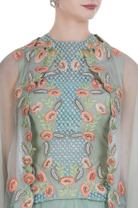 Incheetape_Blue Cotton Slub Embroidered Border Detailed Cape With Corset And Flared Skirt _at_Aza_Fashions