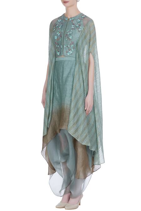 Buy_Incheetape_Blue Chanderi Embroidered Floral Applique Flower Motif Cape Top With Dhoti Pants _Online_at_Aza_Fashions