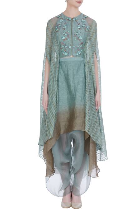 Shop_Incheetape_Blue Chanderi Embroidered Floral Applique Flower Motif Cape Top With Dhoti Pants _Online_at_Aza_Fashions