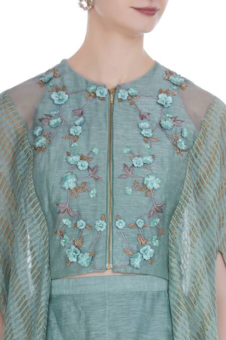 Incheetape_Blue Chanderi Embroidered Floral Applique Flower Motif Cape Top With Dhoti Pants _at_Aza_Fashions