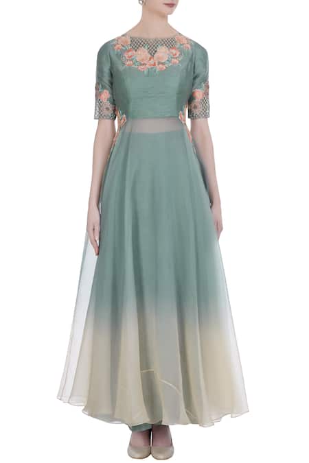 Shop_Incheetape_Blue Organza Embroidered Thread Work Round Kurta With Flared Pants And Dupatta _Online_at_Aza_Fashions