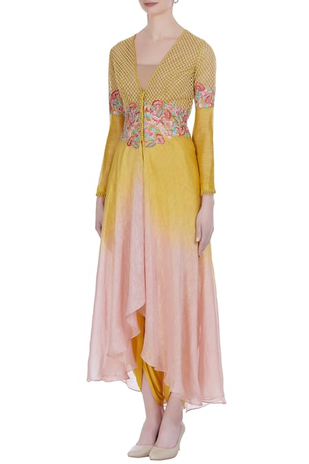 Buy_Incheetape_Yellow Silk Linen Embroidered Thread And Stone Work V Neck Kurta Set _Online_at_Aza_Fashions