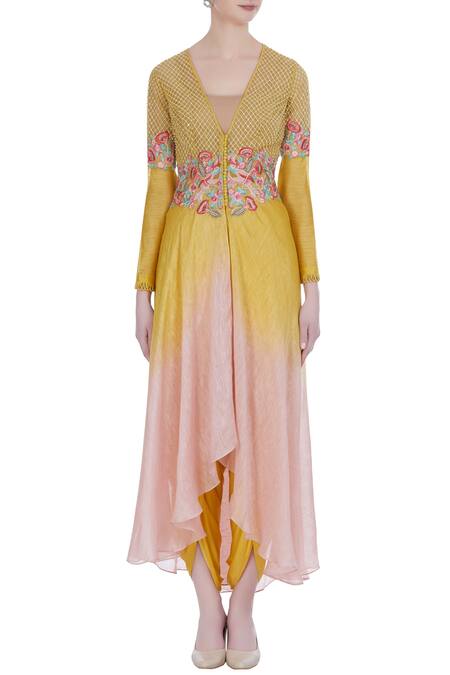Shop_Incheetape_Yellow Silk Linen Embroidered Thread And Stone Work V Neck Kurta Set _Online_at_Aza_Fashions