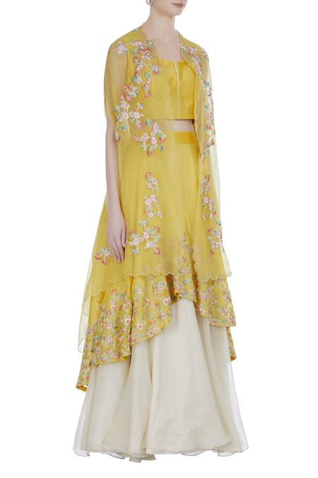 Incheetape_White Organza Embroidered Frilly Layered Lehenga With Corset Blouse And Jacket _Online_at_Aza_Fashions