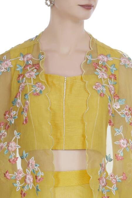 Incheetape_White Organza Embroidered Frilly Layered Lehenga With Corset Blouse And Jacket _at_Aza_Fashions