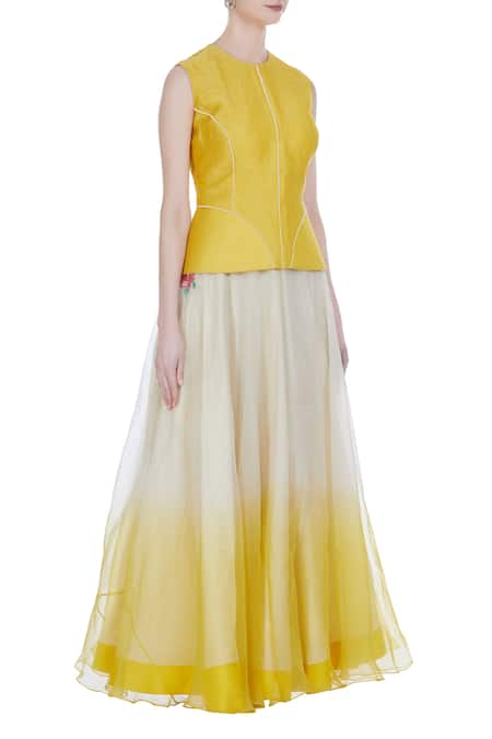 Incheetape_White Organza Embroidered Pearl Work Round Jacket Blouse With Frilled Lehenga _Online_at_Aza_Fashions