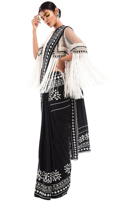 Ridhi Mehra Black Floral Printed Saree With Fringe Jacket And Bustier