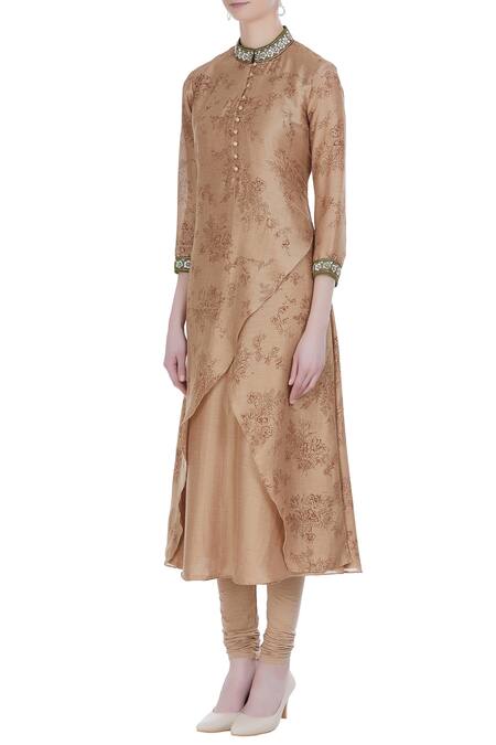 Buy_Manasi Sengupta_Beige Bamberg Silk Printed Floral Mandarin Collar Kurta With Churidar  _Online_at_Aza_Fashions