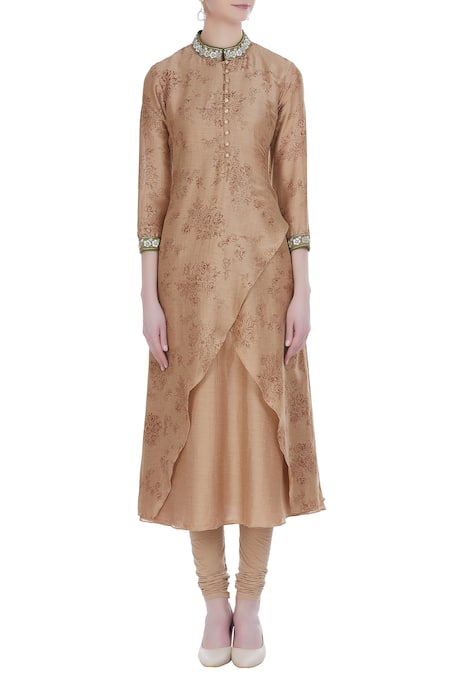 Shop_Manasi Sengupta_Beige Bamberg Silk Printed Floral Mandarin Collar Kurta With Churidar  _Online_at_Aza_Fashions