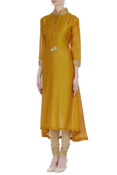Buy_Manasi Sengupta_Yellow Bamberg Silk Kurta With Asymmetric Hemline And Churidar  _Online_at_Aza_Fashions