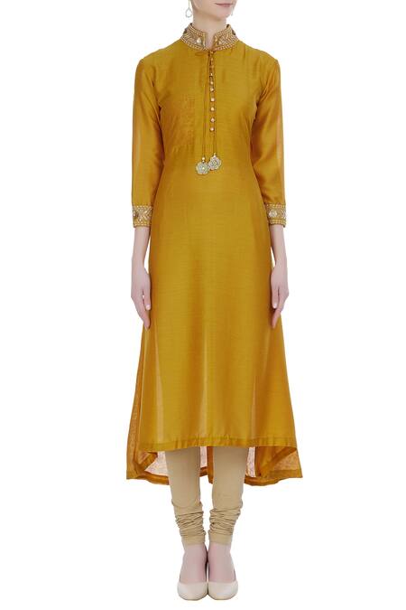 Shop_Manasi Sengupta_Yellow Bamberg Silk Kurta With Asymmetric Hemline And Churidar  _Online_at_Aza_Fashions