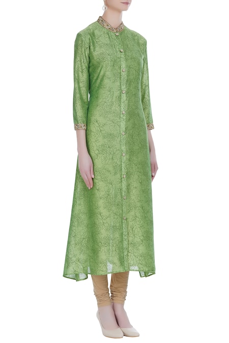 Manasi Sengupta_Green Bamber Silk Embroidery Floral Round Asymmetric Hemine Kurta Set  _Online_at_Aza_Fashions